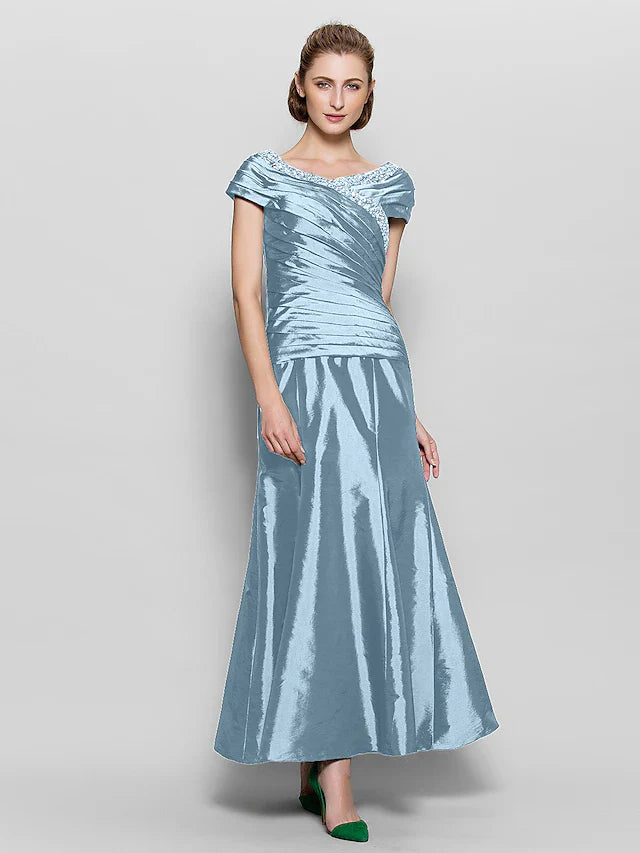 Wholesale A-Line Mother of the Bride Dress Vintage Inspired V Neck Ankle Length Taffeta Short Sleeve with Beading Side Draping